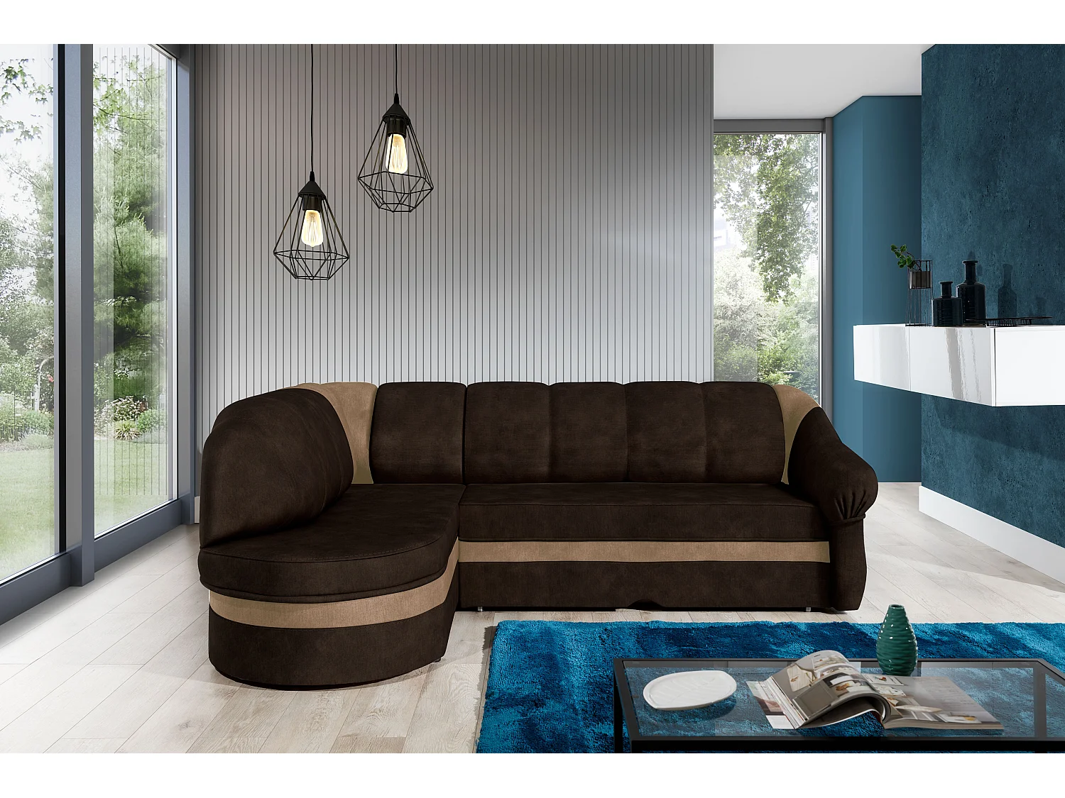 Canapé d'angle gauche convertible velours marron foncé et marron clair Sundy 250cm