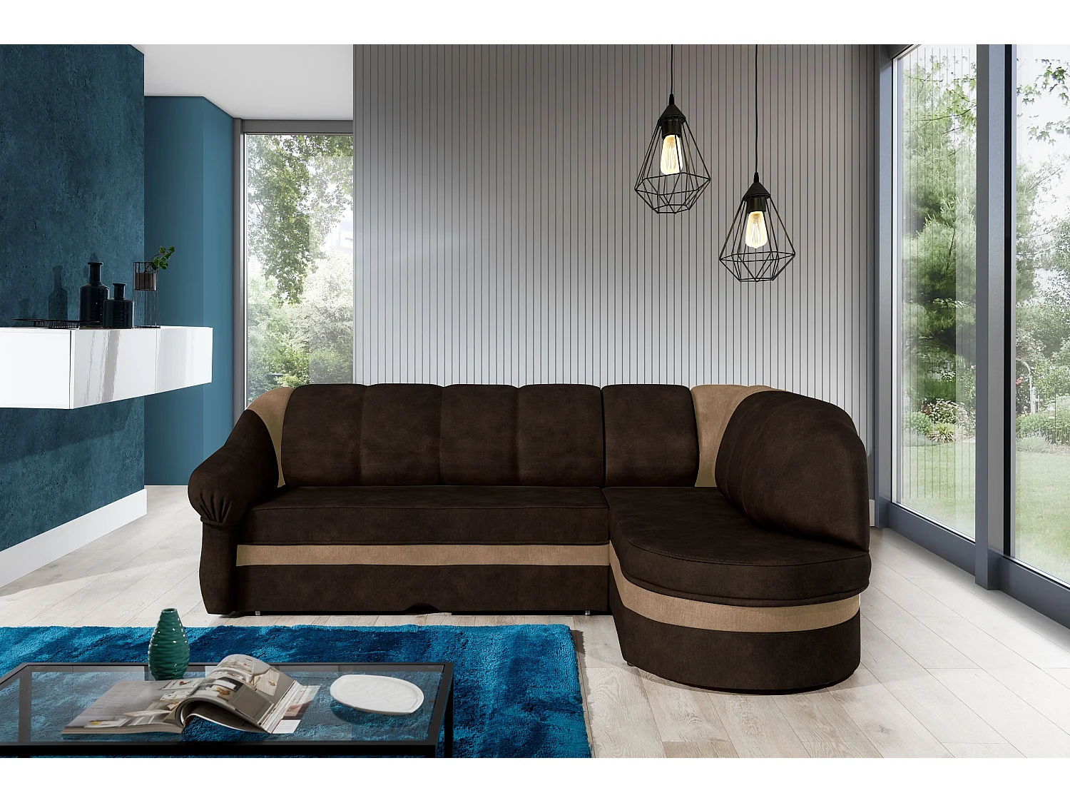 Canapé d'angle droit convertible velours marron foncé et marron clair Sundy 250cm