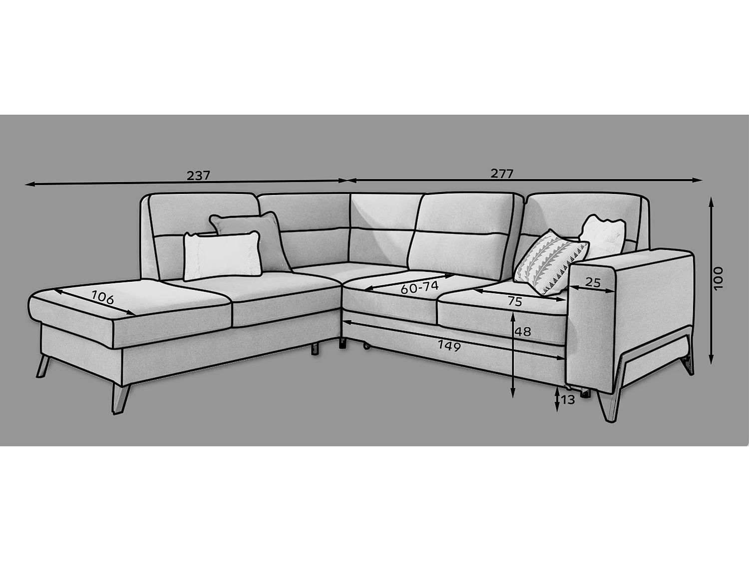 Canapé angle gauche convertible velours marron meuse et pieds acier noir Kassidi 277cm