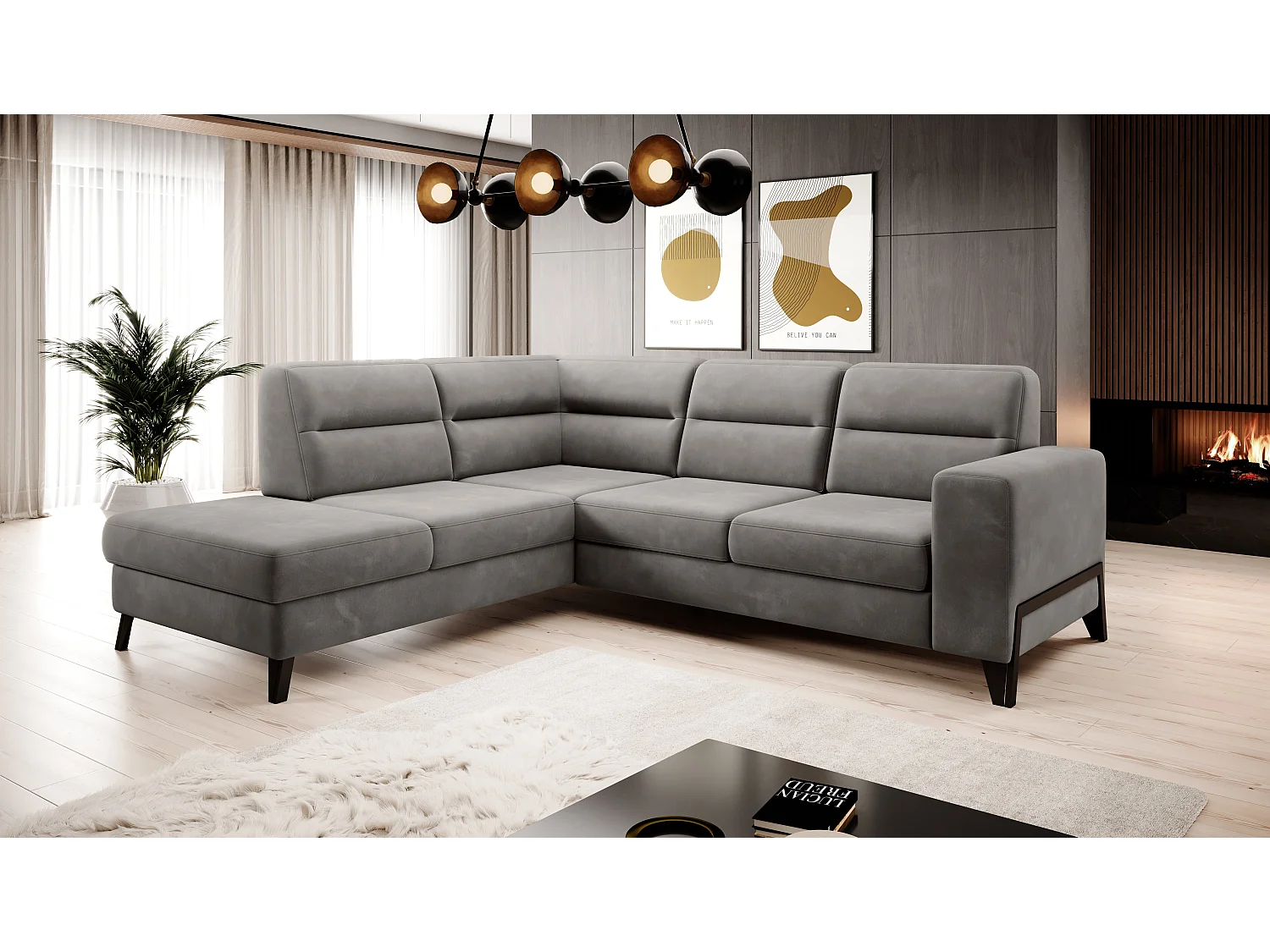 Canapé angle gauche convertible velours marron meuse et pieds acier noir Kassidi 277cm