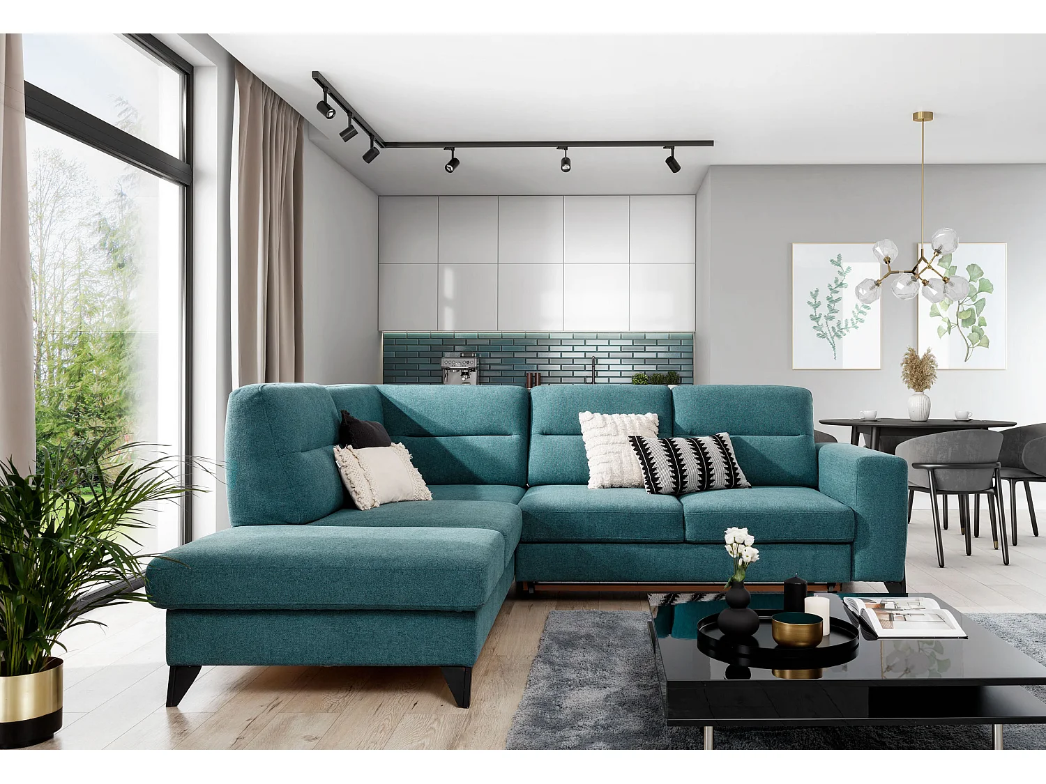 Canapé angle gauche convertible velours vert bouteille et pieds acier noir Kassidi 277cm