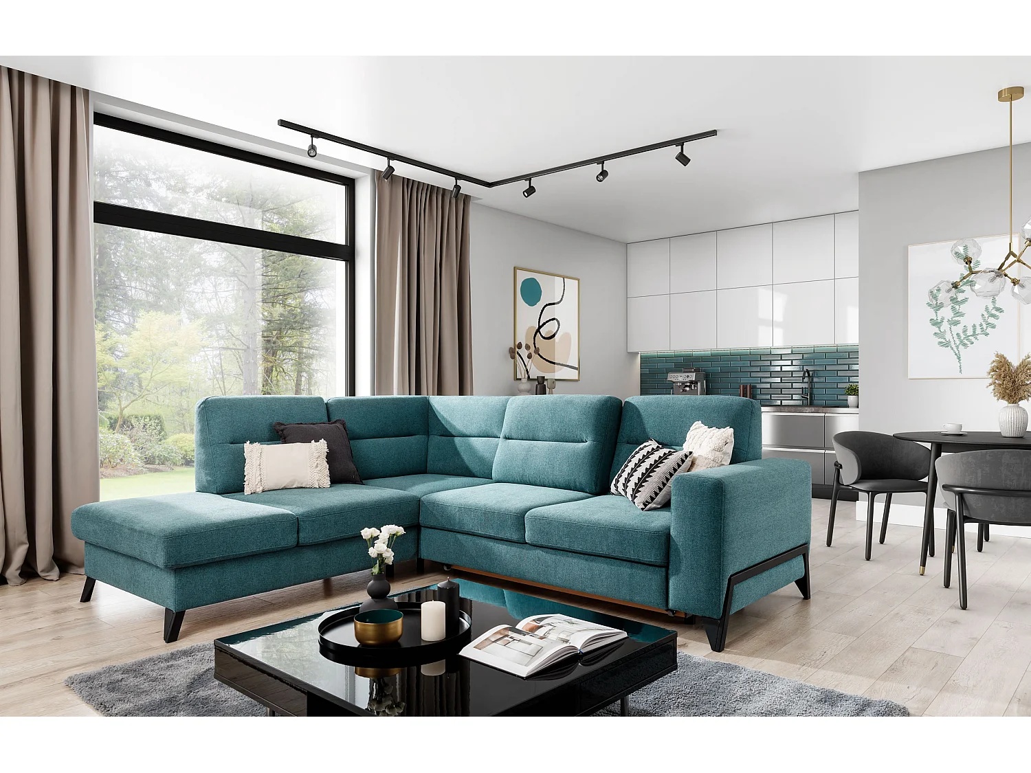 Canapé angle gauche convertible velours vert bouteille et pieds acier noir Kassidi 277cm