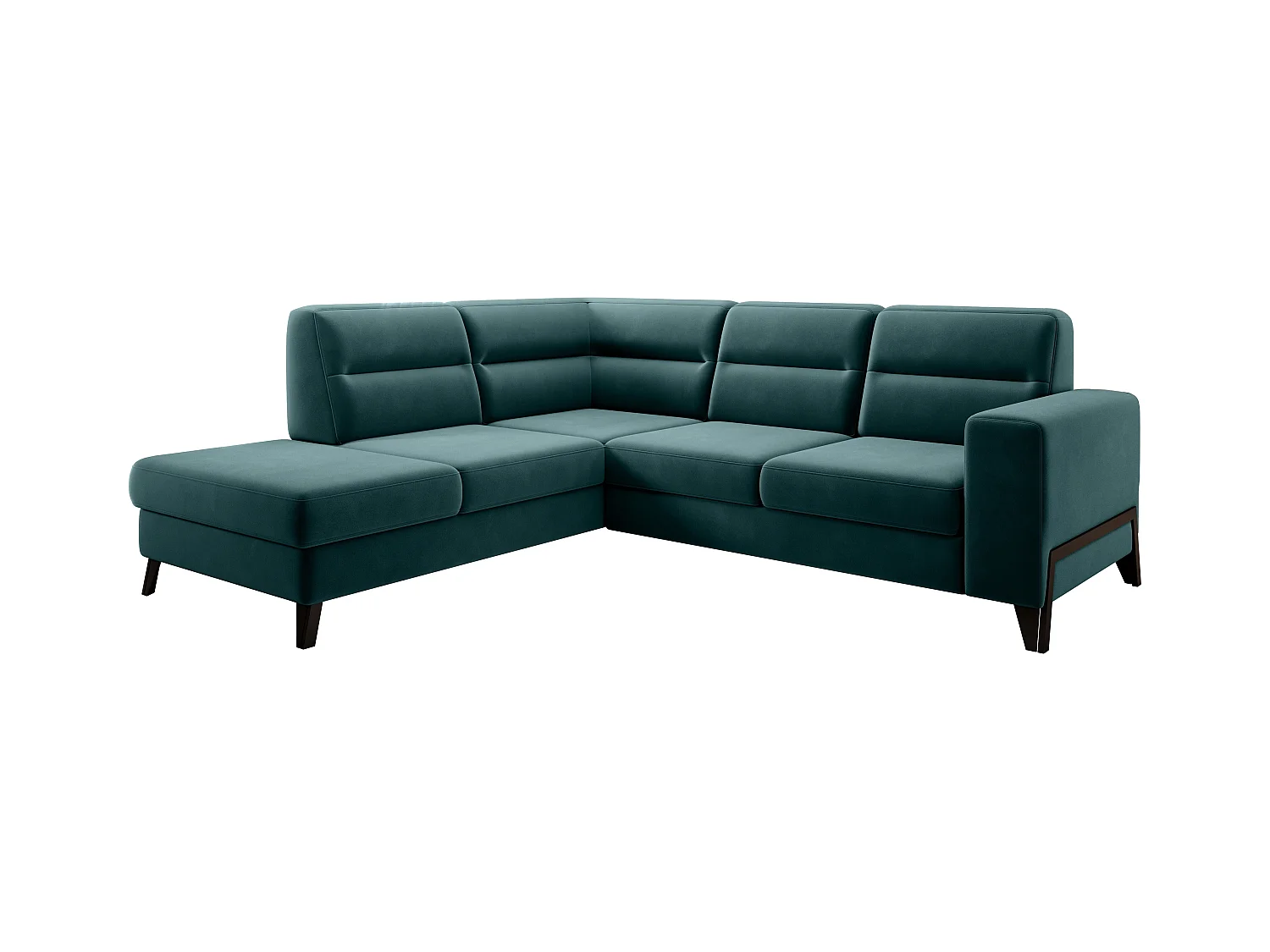 Canapé angle gauche convertible velours vert bouteille et pieds acier noir Kassidi 277cm