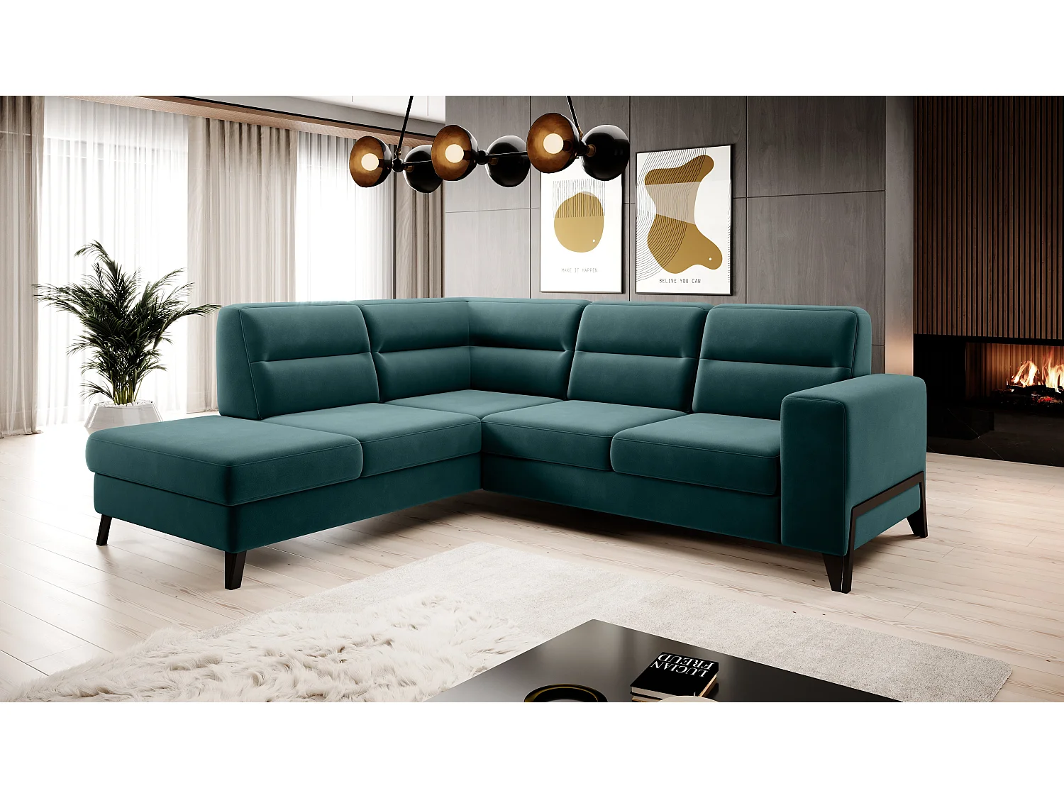 Canapé angle gauche convertible velours vert bouteille et pieds acier noir Kassidi 277cm