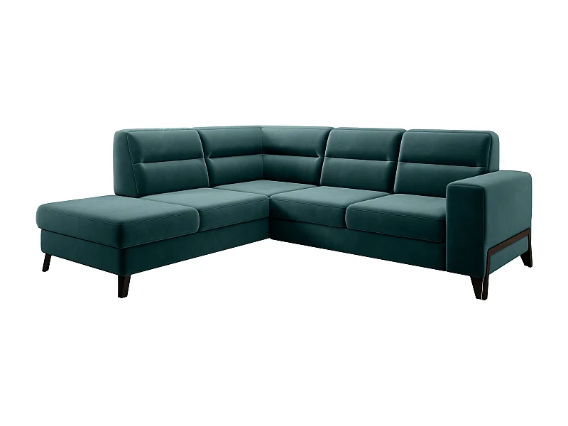 Canapé angle gauche convertible velours vert bouteille et pieds acier noir Kassidi 277cm