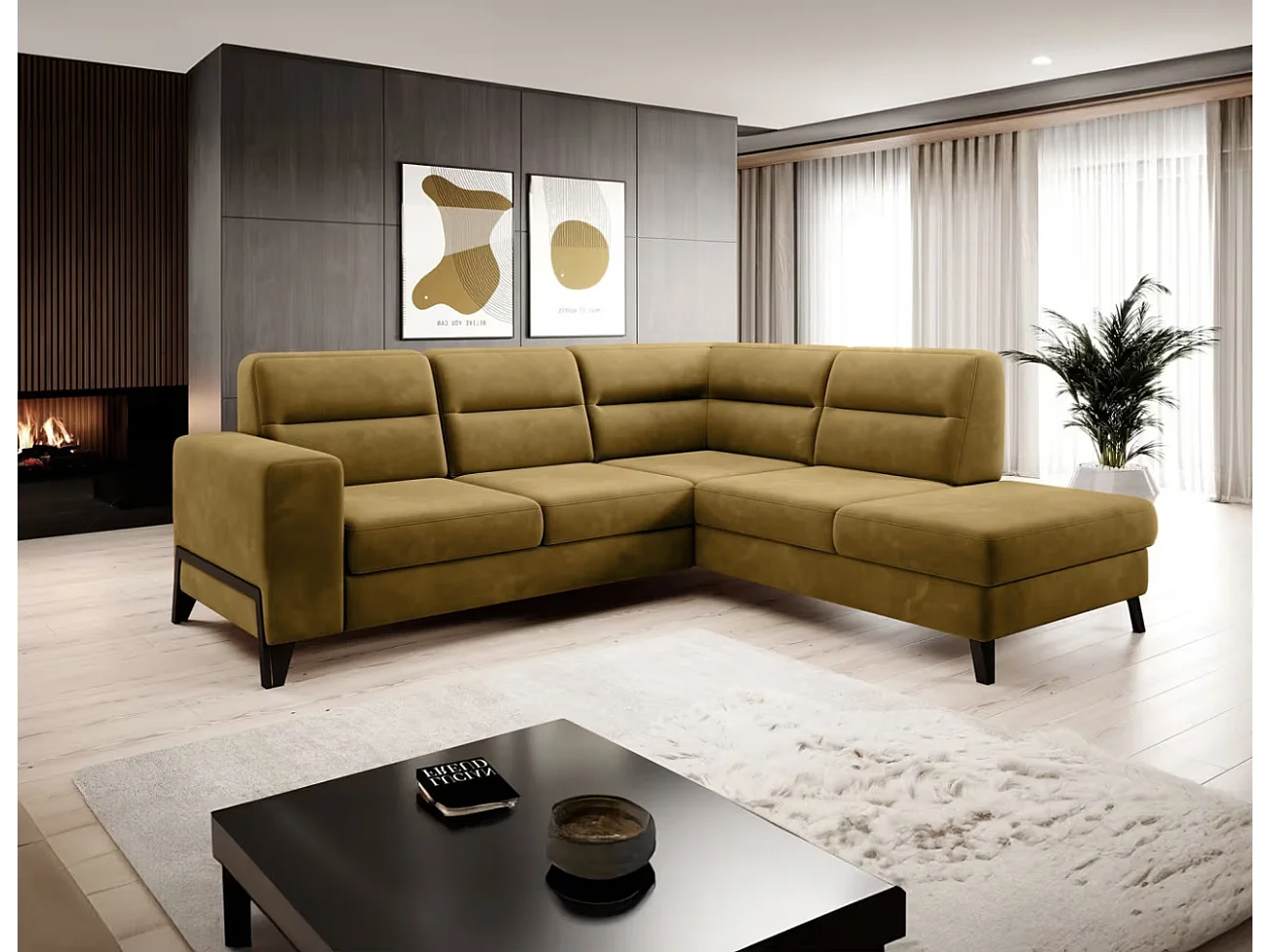 Canapé d'angle convertible tissu KAZAL - Dossiers réglables et pieds acier noir-Jaune chamoix-angle droit