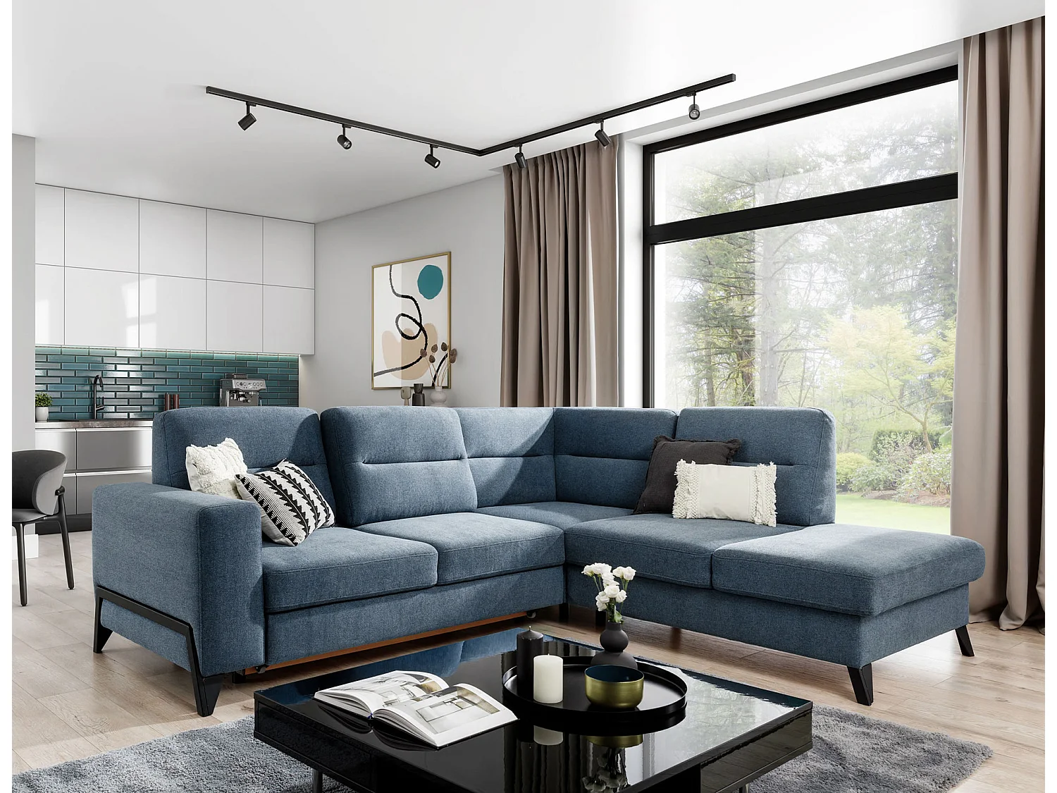 Canapé d'angle convertible tissu KAZAL - Dossiers réglables et pieds acier noir-Jaune chamoix-angle droit