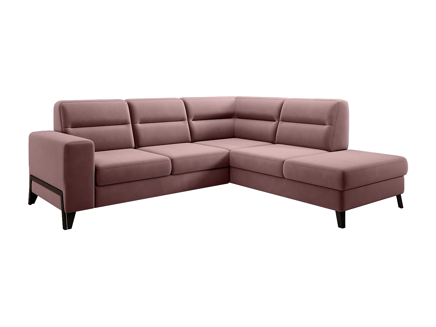 Canapé angle droit convertible velours rose cuivré et pieds acier noir Kassidi 277cm