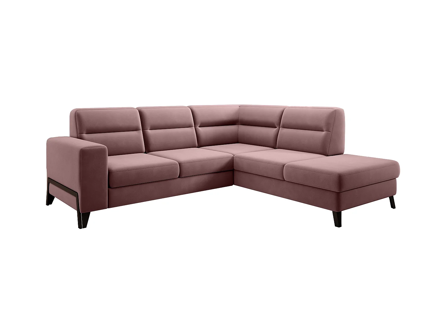 Canapé angle droit convertible velours rose cuivré et pieds acier noir Kassidi 277cm