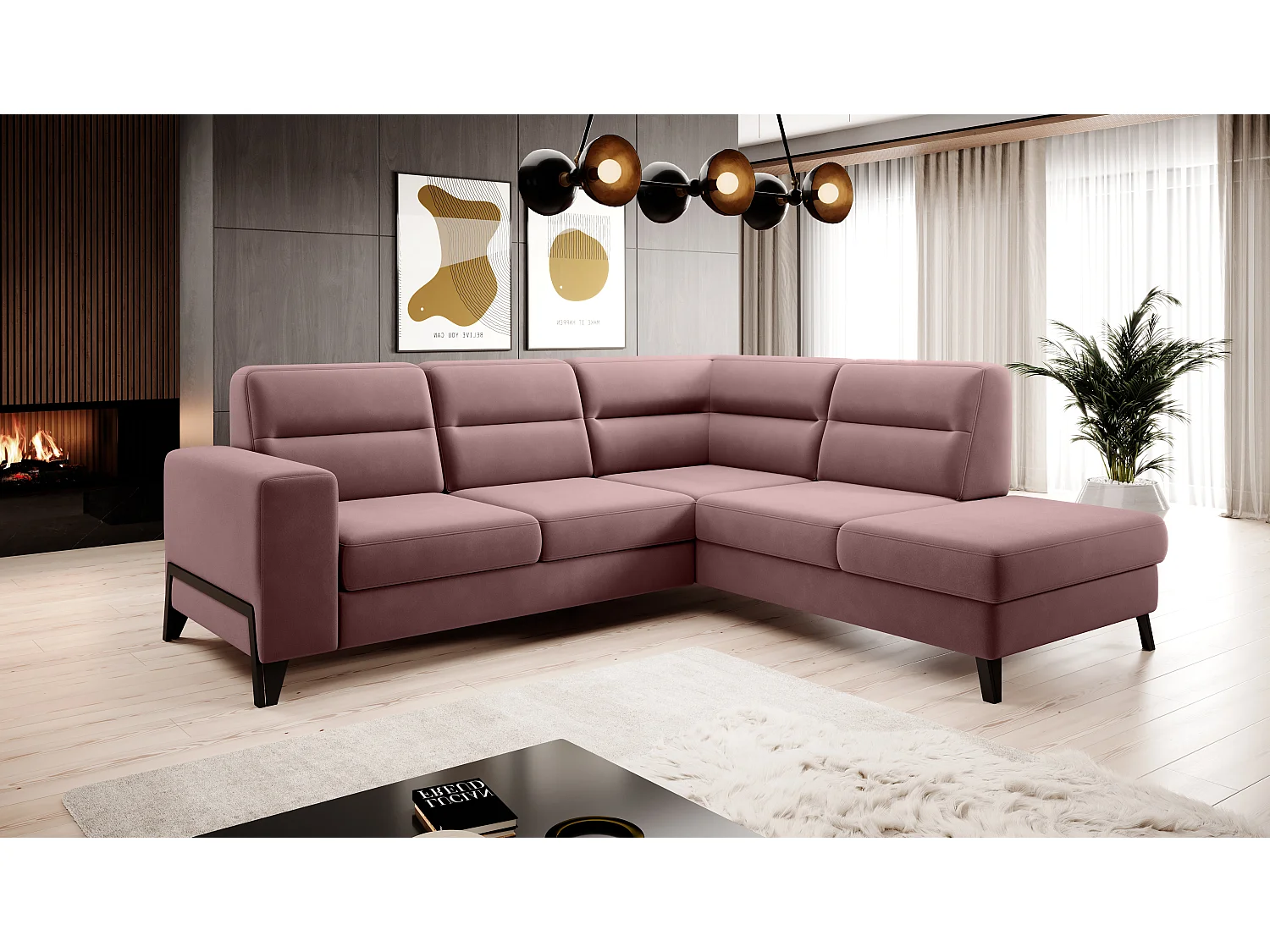 Canapé angle droit convertible velours rose cuivré et pieds acier noir Kassidi 277cm