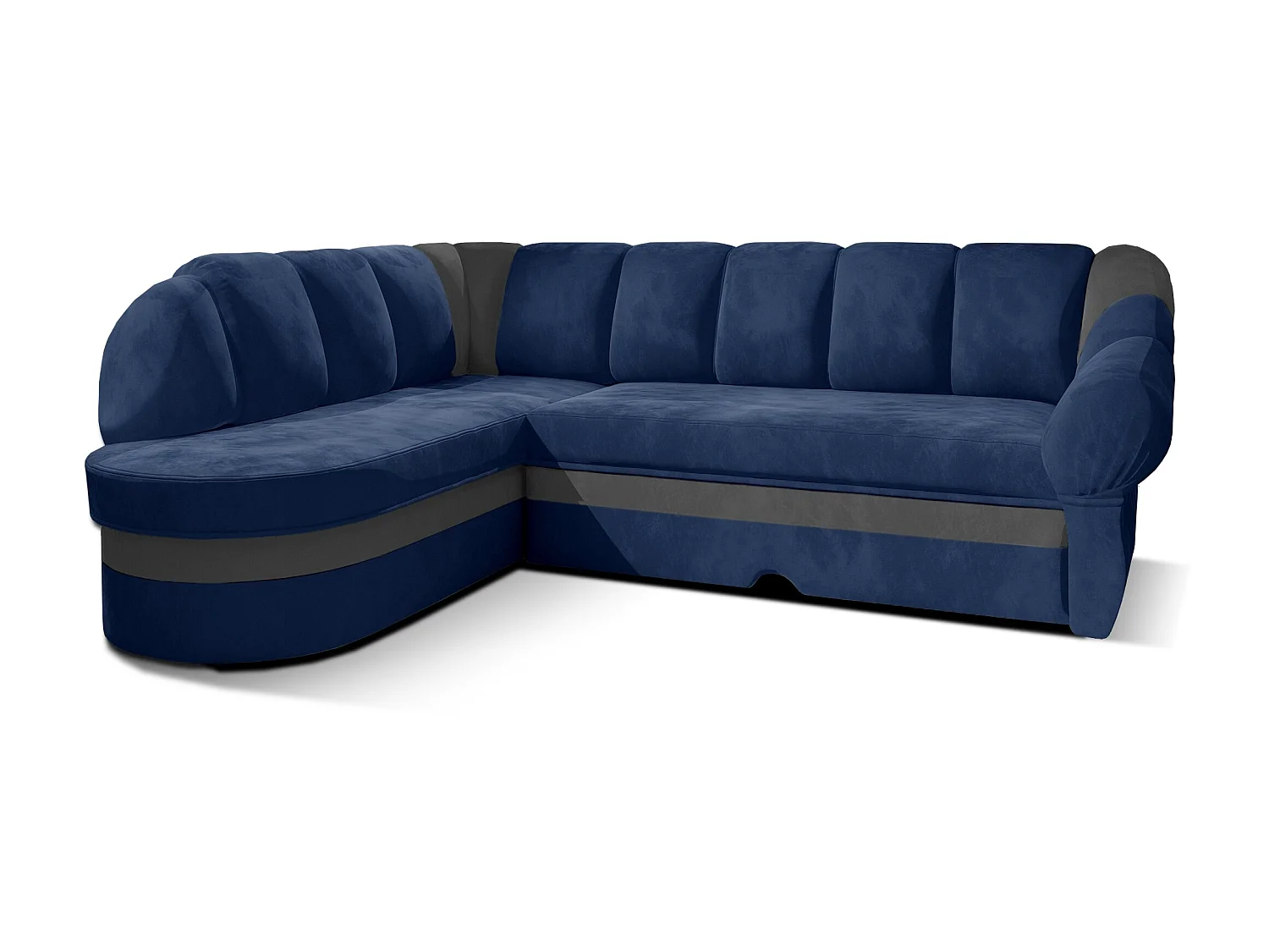 Sundy marineblauwe en lichtgrijze fluwelen converteerbare hoekbank links 250 cm