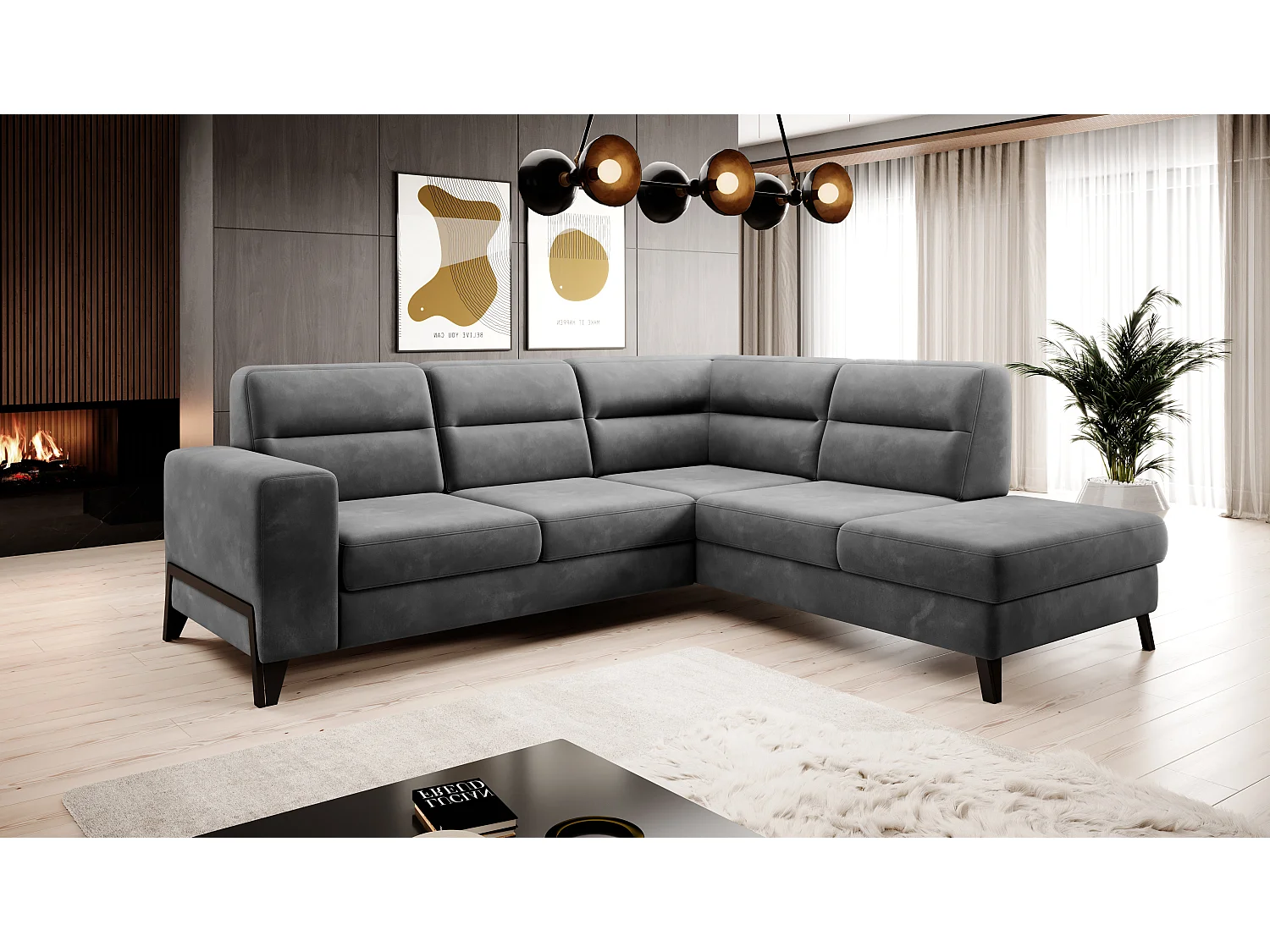 Canapé angle droit convertible velours gris foncé et pieds acier noir Kassidi 277cm