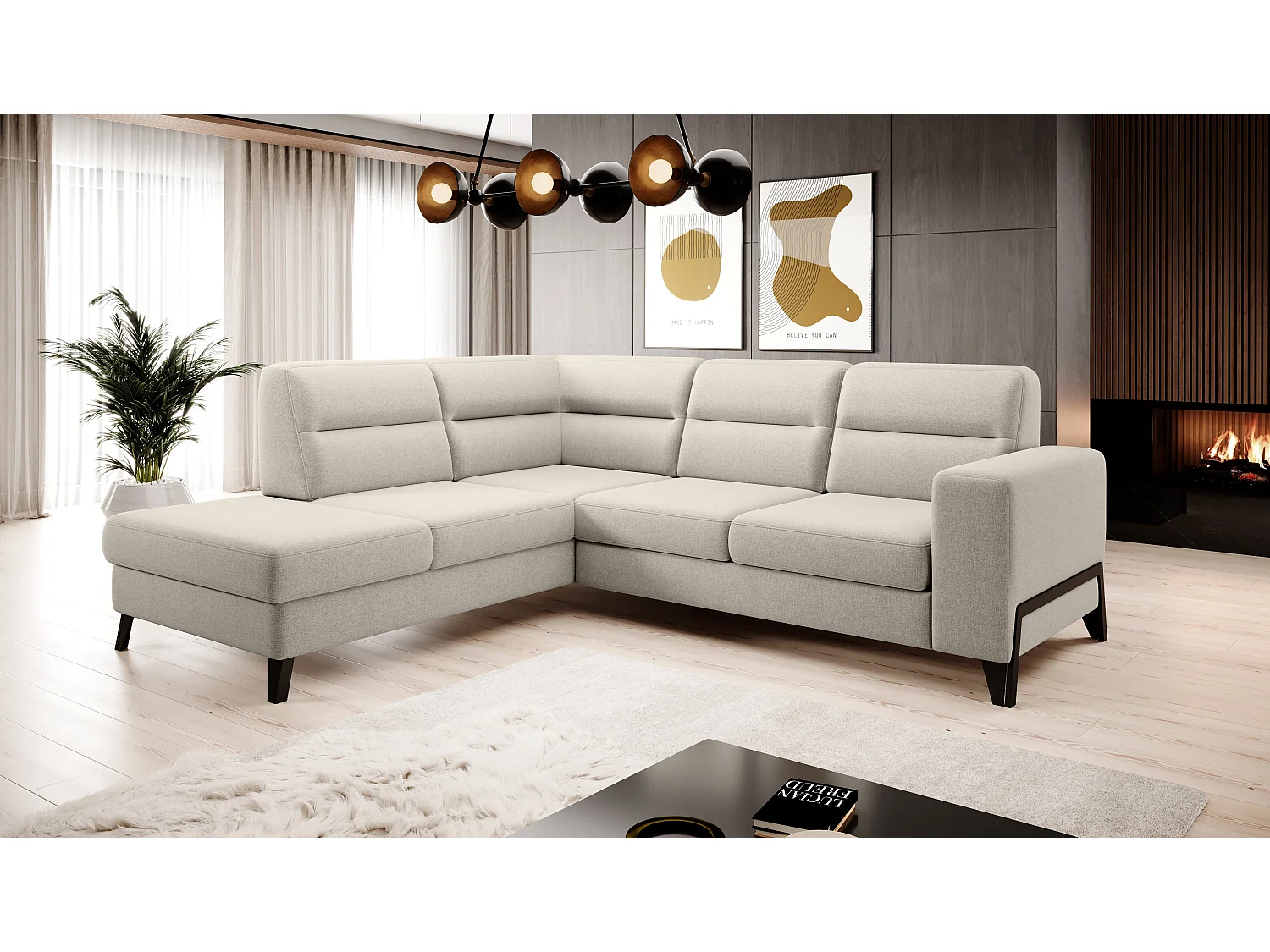 Canapé angle gauche convertible tissu crème et pieds acier noir Kassidi 277cm