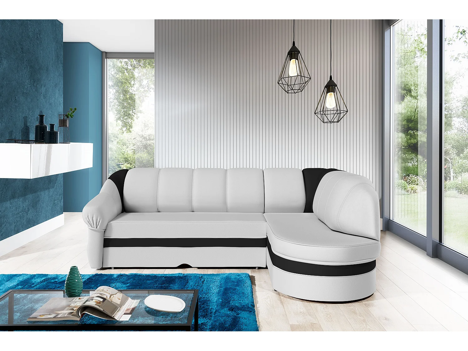 Canapé d'angle droit convertible simili blanc et noir Sundy 250cm