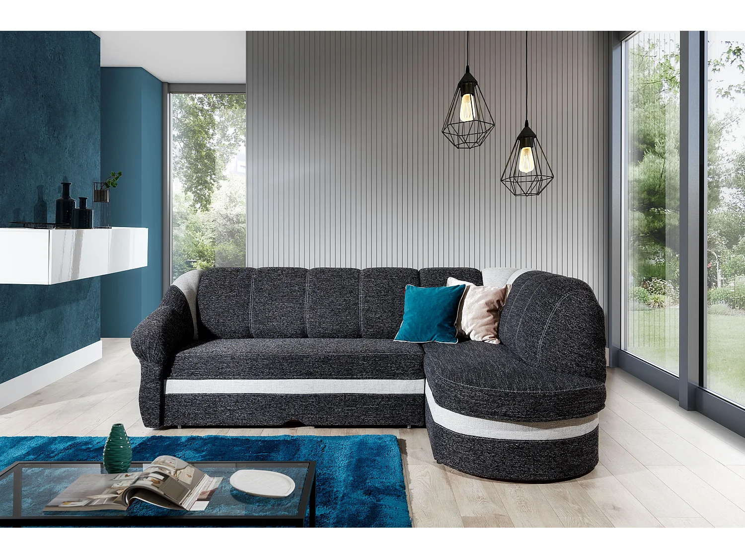 Canapé d'angle droit convertible simili blanc et noir Sundy 250cm