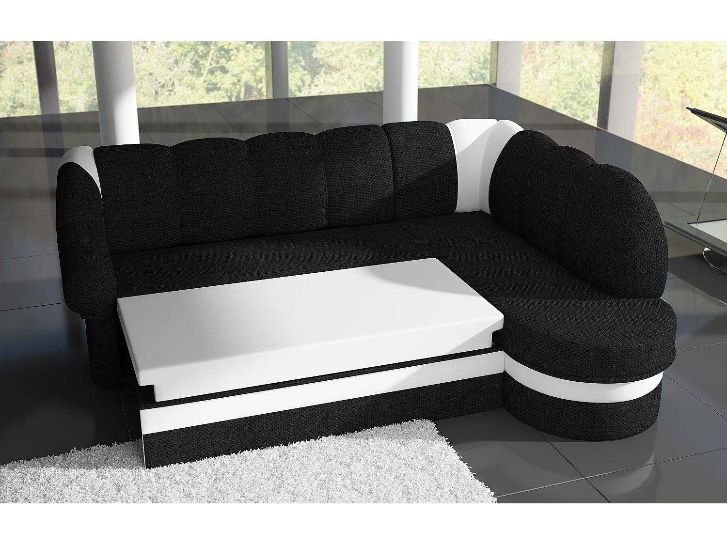 Canapé d'angle droit convertible simili blanc et noir Sundy 250cm