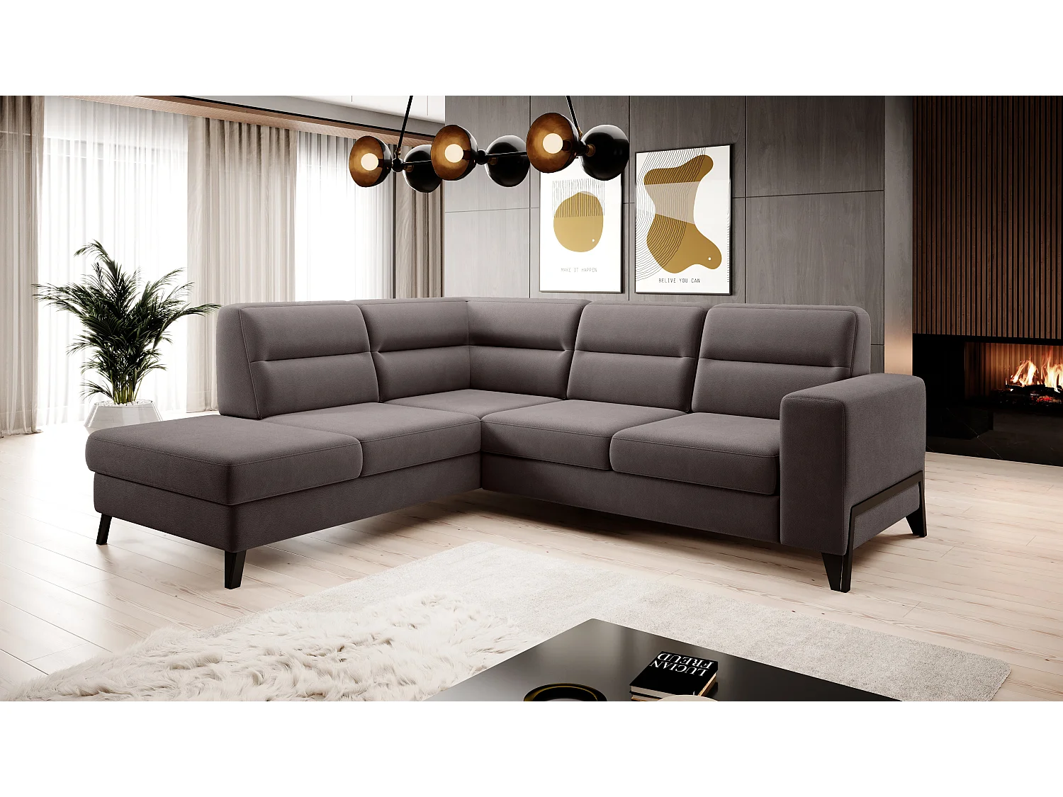 Canapé angle gauche convertible tissu marron clair et pieds acier noir Kassidi 277cm