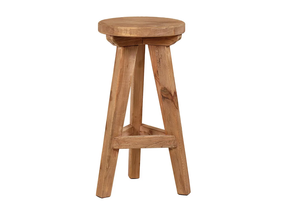 Tabouret de bar rond H. 65 cm en bois massif pin recyclé - CHALET