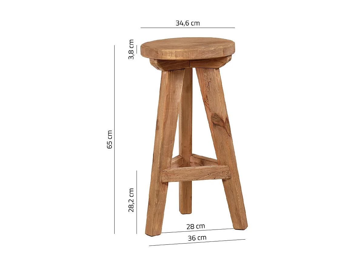 Tabouret de bar rond H. 65 cm en bois massif pin recyclé - CHALET