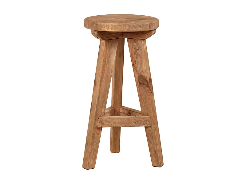 Tabouret de bar rond H. 65 cm en bois massif pin recyclé - CHALET