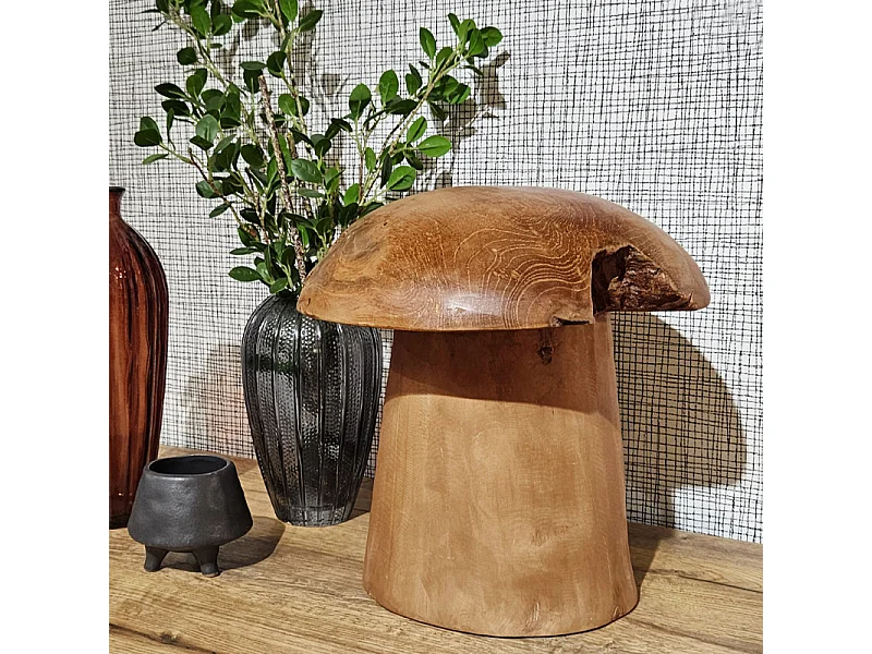 Sculpture artisanale champignon en bois de teck H. 30 cm - PLIZ 2