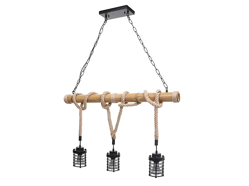 Lampe à suspension lustre style ndustrielle vintage bambou corde métal noir 3x Abat-Jour cage 04_0004045