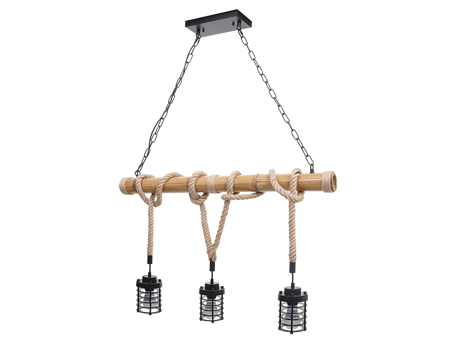 Lampe à suspension lustre style ndustrielle vintage bambou corde métal noir 3x Abat-Jour cage 04_0004045