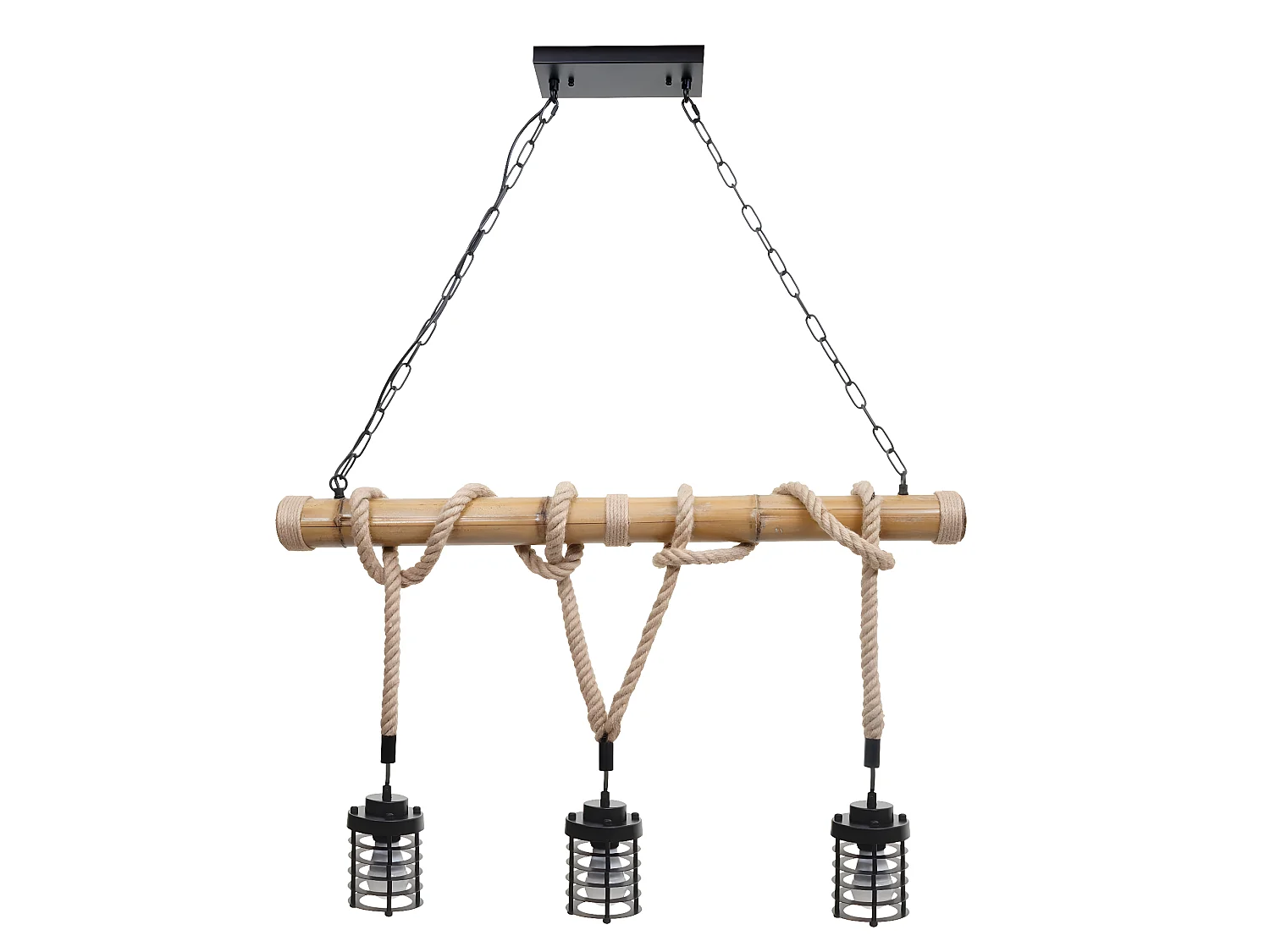 Lampe à suspension lustre style ndustrielle vintage bambou corde métal noir 3x Abat-Jour cage 04_0004045