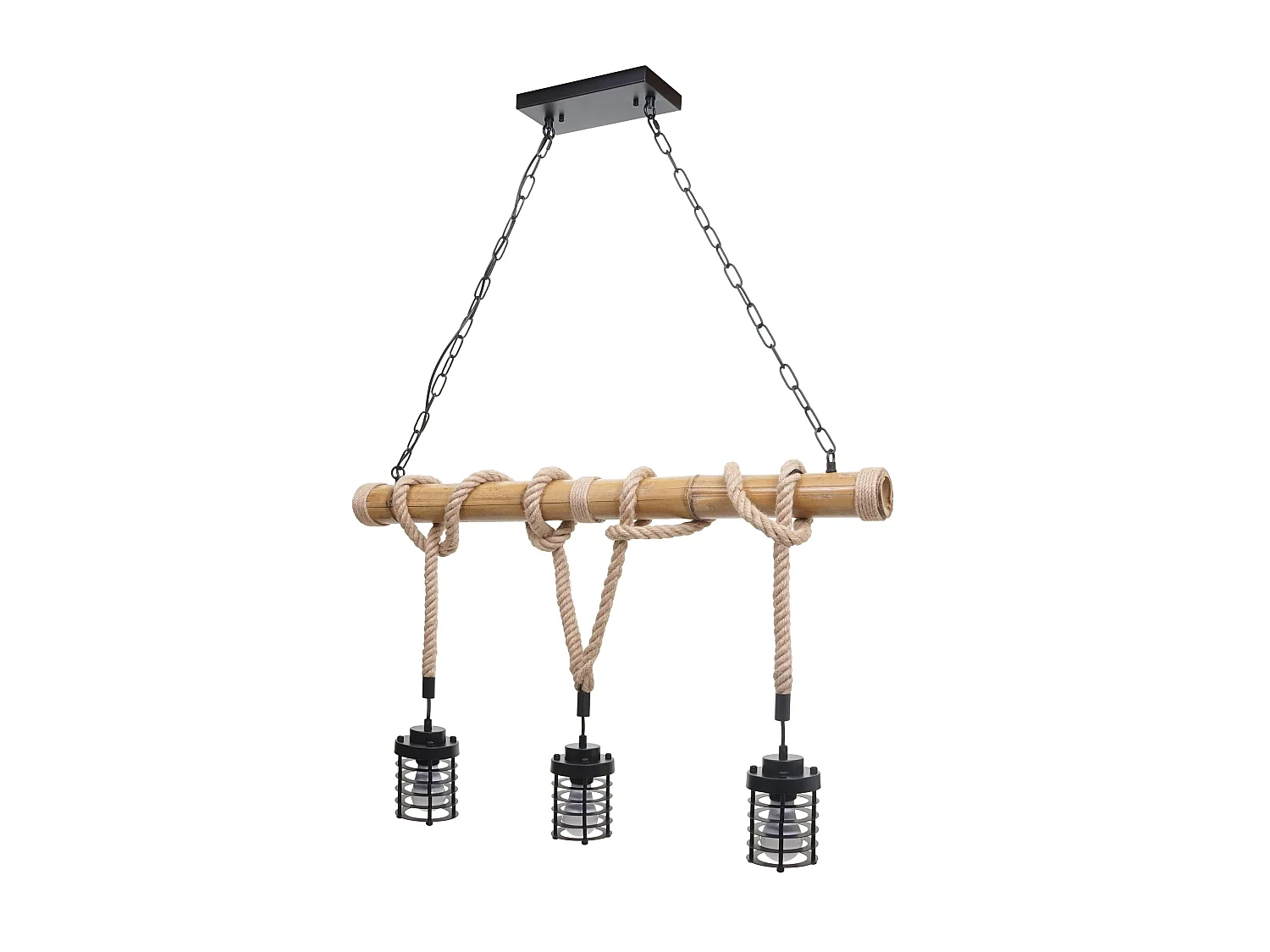 Lampe à suspension lustre style ndustrielle vintage bambou corde métal noir 3x Abat-Jour cage 04_0004045