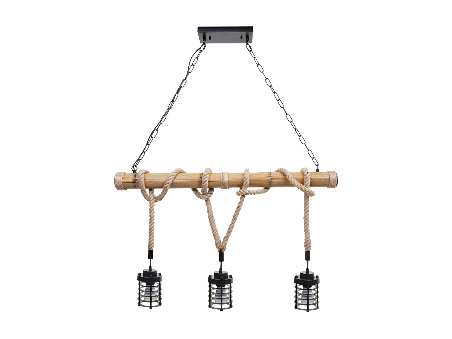 Lampe à suspension lustre style ndustrielle vintage bambou corde métal noir 3x Abat-Jour cage 04_0004045