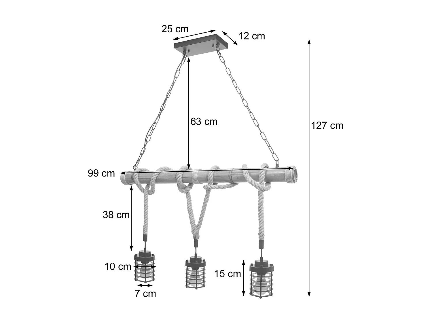 Lampe à suspension lustre style ndustrielle vintage bambou corde métal noir 3x Abat-Jour cage 04_0004045