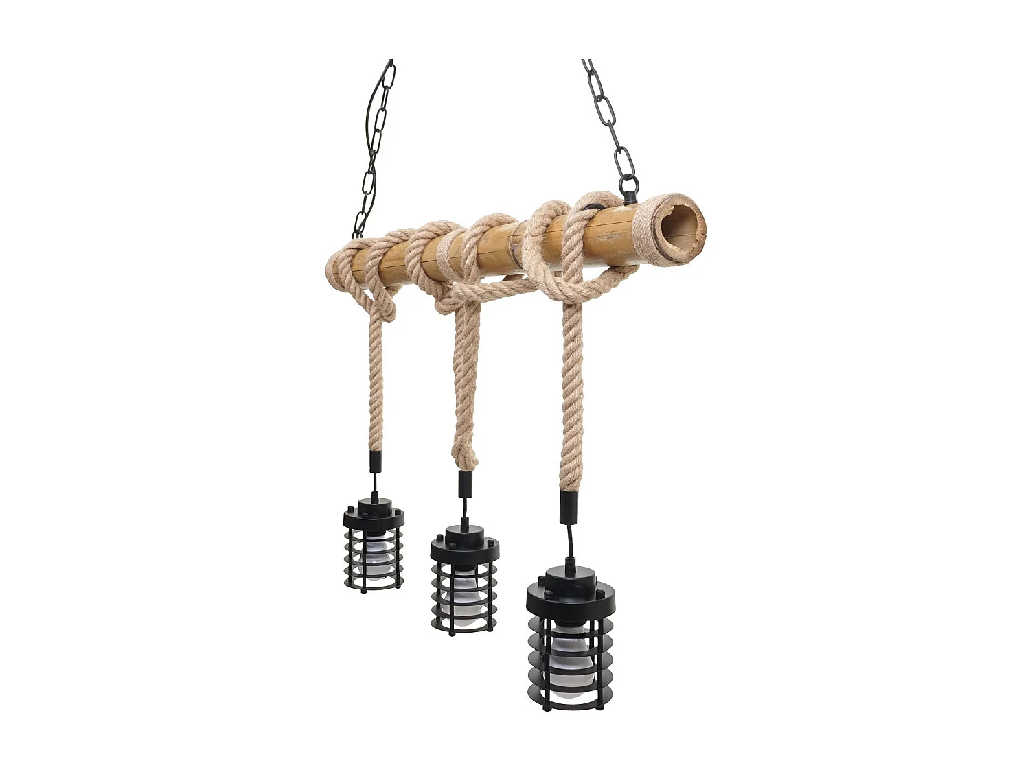 Lampe à suspension lustre style ndustrielle vintage bambou corde métal noir 3x Abat-Jour cage 04_0004045