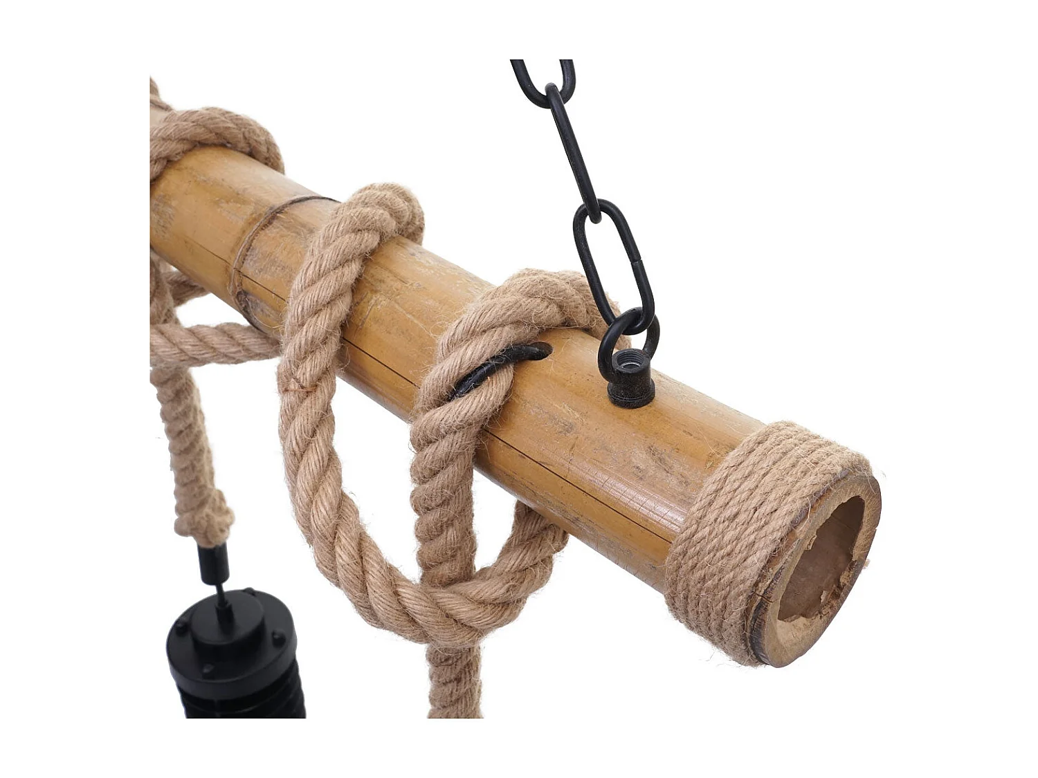 Lampe à suspension lustre style ndustrielle vintage bambou corde métal noir 3x Abat-Jour cage 04_0004045