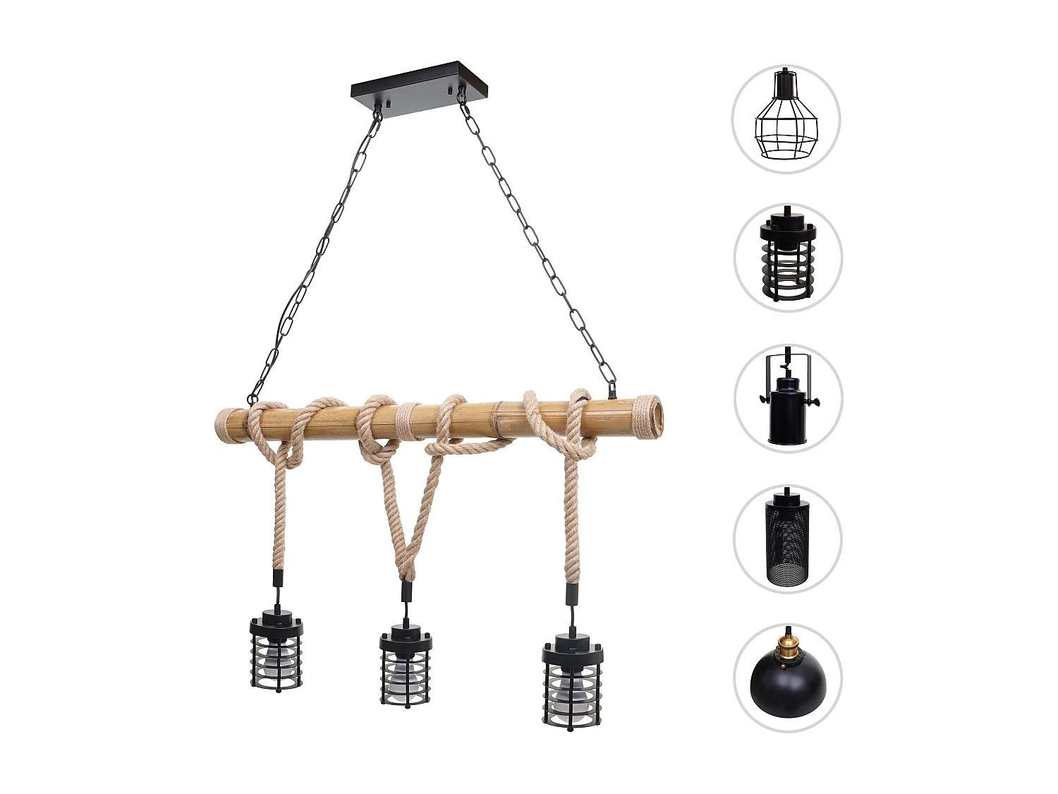 Lampe à suspension lustre style ndustrielle vintage bambou corde métal noir 3x Abat-Jour cage 04_0004045