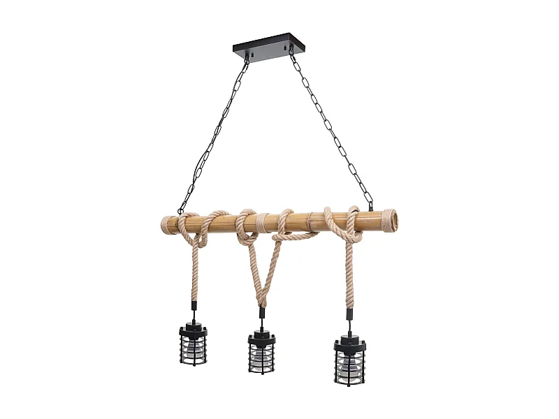 Lampe à suspension lustre style ndustrielle vintage bambou corde métal noir 3x Abat-Jour cage 04_0004045