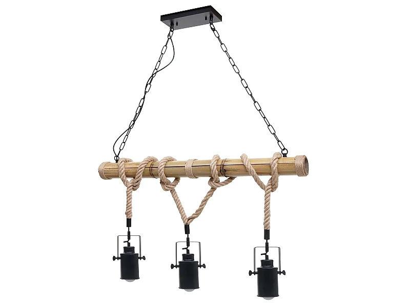 Lampe à suspension lustre corde de bambou vintage industrielle métal noir 3x abat-jour spot 04_0004047