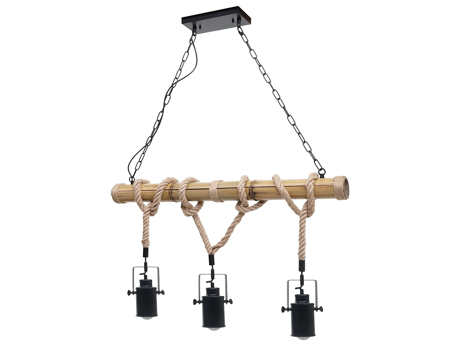 Lampe à suspension lustre corde de bambou vintage industrielle métal noir 3x abat-jour spot 04_0004047