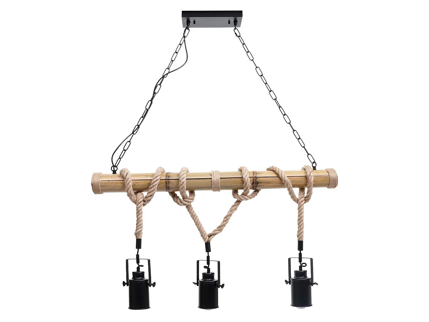 Lampe à suspension lustre corde de bambou vintage industrielle métal noir 3x abat-jour spot 04_0004047