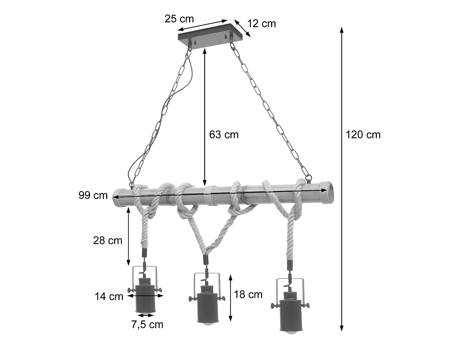 Lampe à suspension lustre corde de bambou vintage industrielle métal noir 3x abat-jour spot 04_0004047