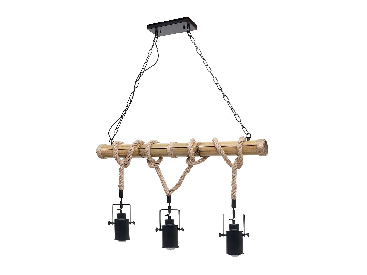 Lampe à suspension lustre corde de bambou vintage industrielle métal noir 3x abat-jour spot 04_0004047
