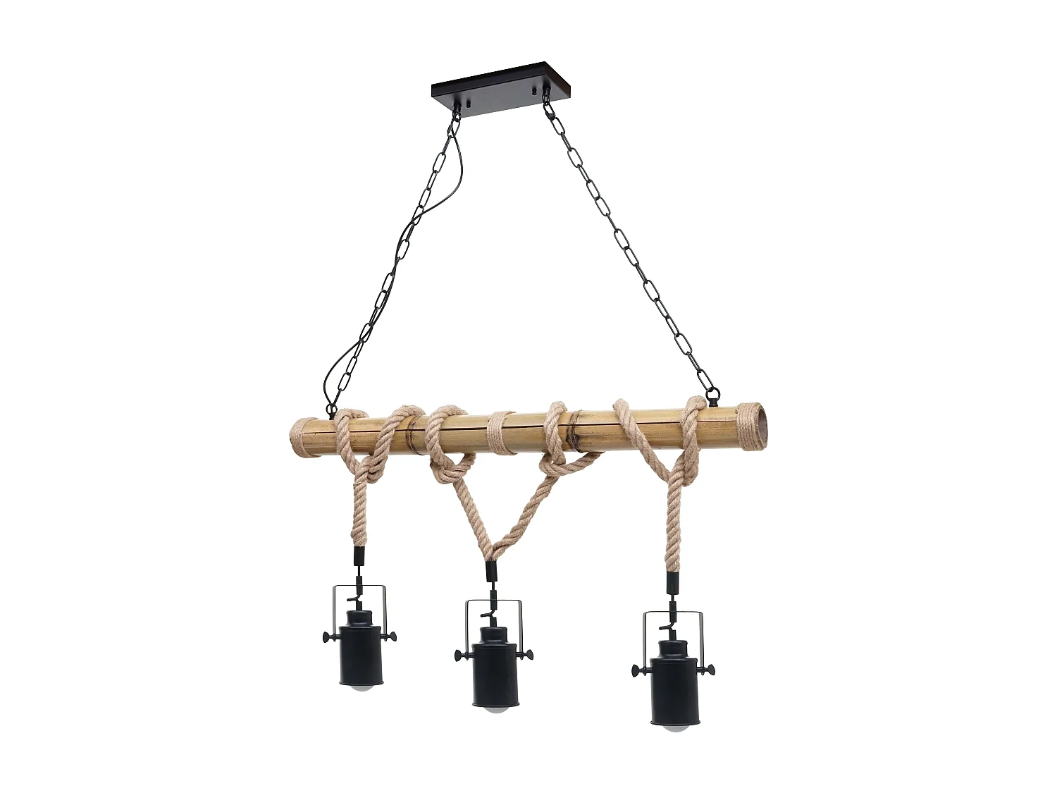 Lampe à suspension lustre corde de bambou vintage industrielle métal noir 3x abat-jour spot 04_0004047