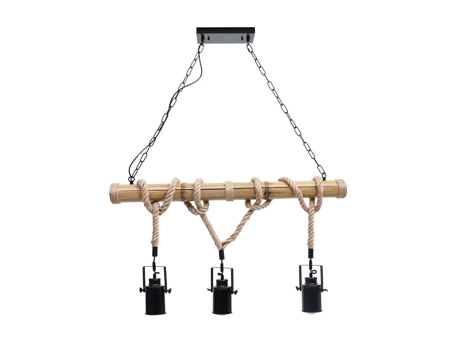 Lampe à suspension lustre corde de bambou vintage industrielle métal noir 3x abat-jour spot 04_0004047