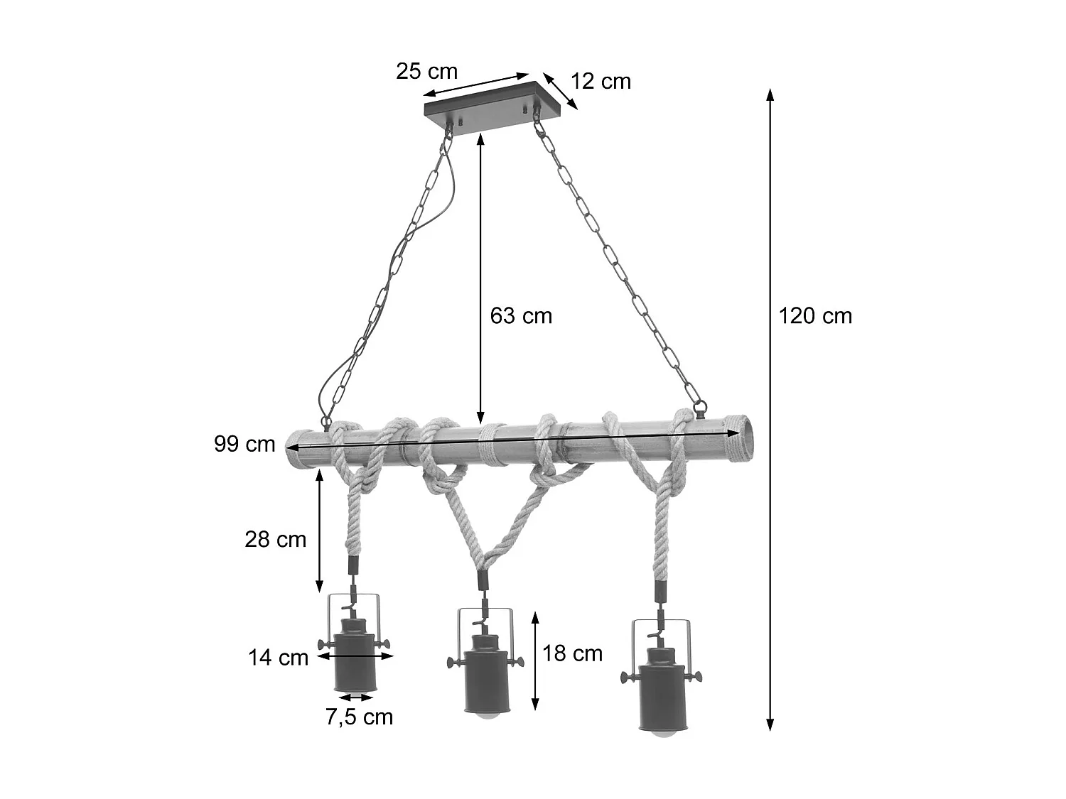 Lampe à suspension lustre corde de bambou vintage industrielle métal noir 3x abat-jour spot 04_0004047