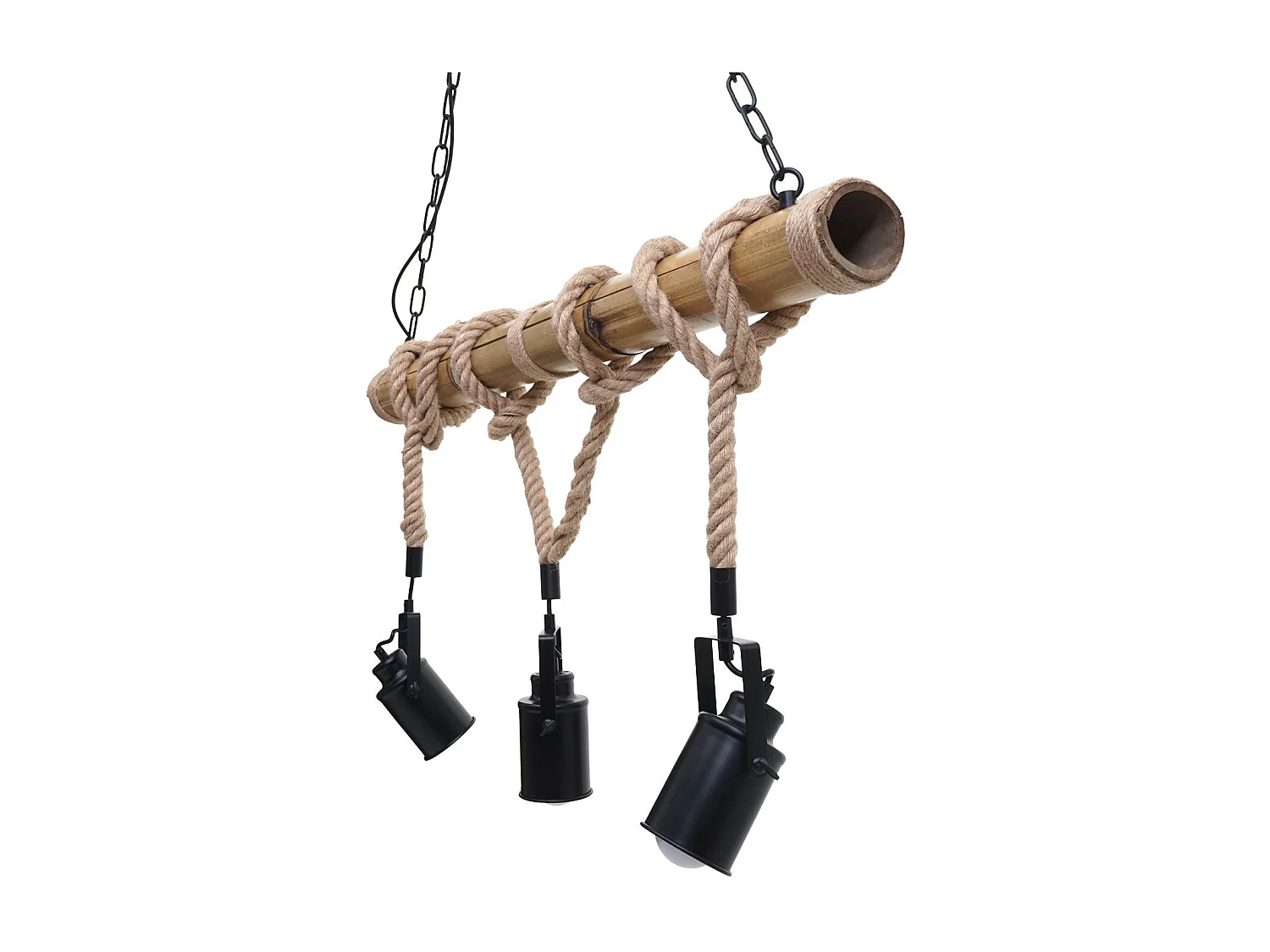 Lampe à suspension lustre corde de bambou vintage industrielle métal noir 3x abat-jour spot 04_0004047