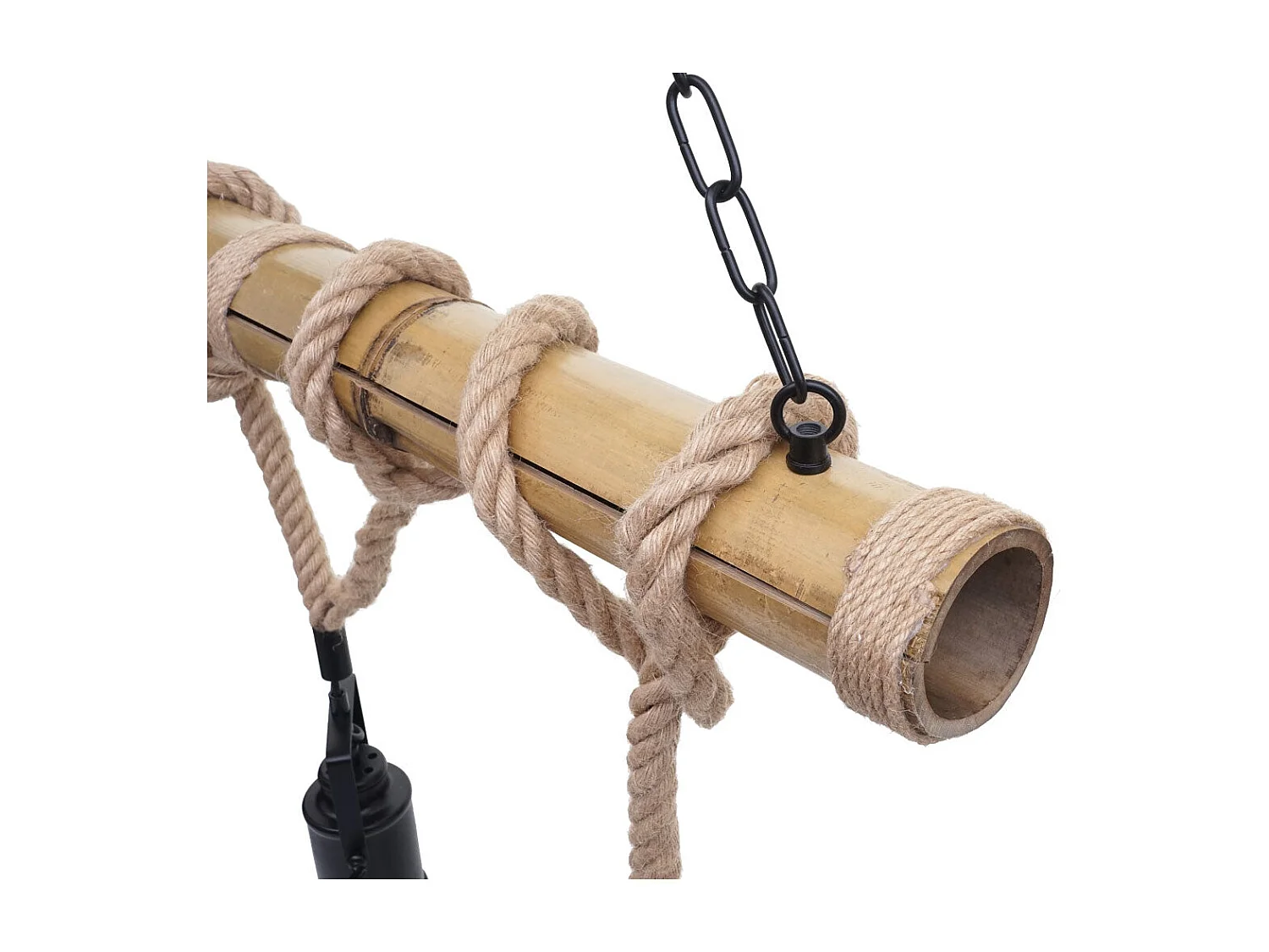 Lampe à suspension lustre corde de bambou vintage industrielle métal noir 3x abat-jour spot 04_0004047