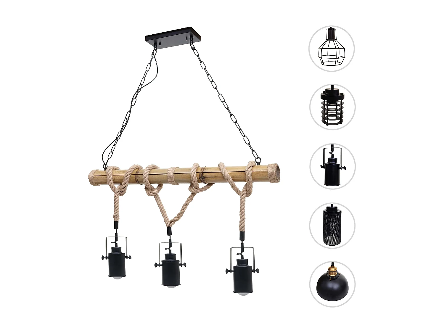 Lampe à suspension lustre corde de bambou vintage industrielle métal noir 3x abat-jour spot 04_0004047