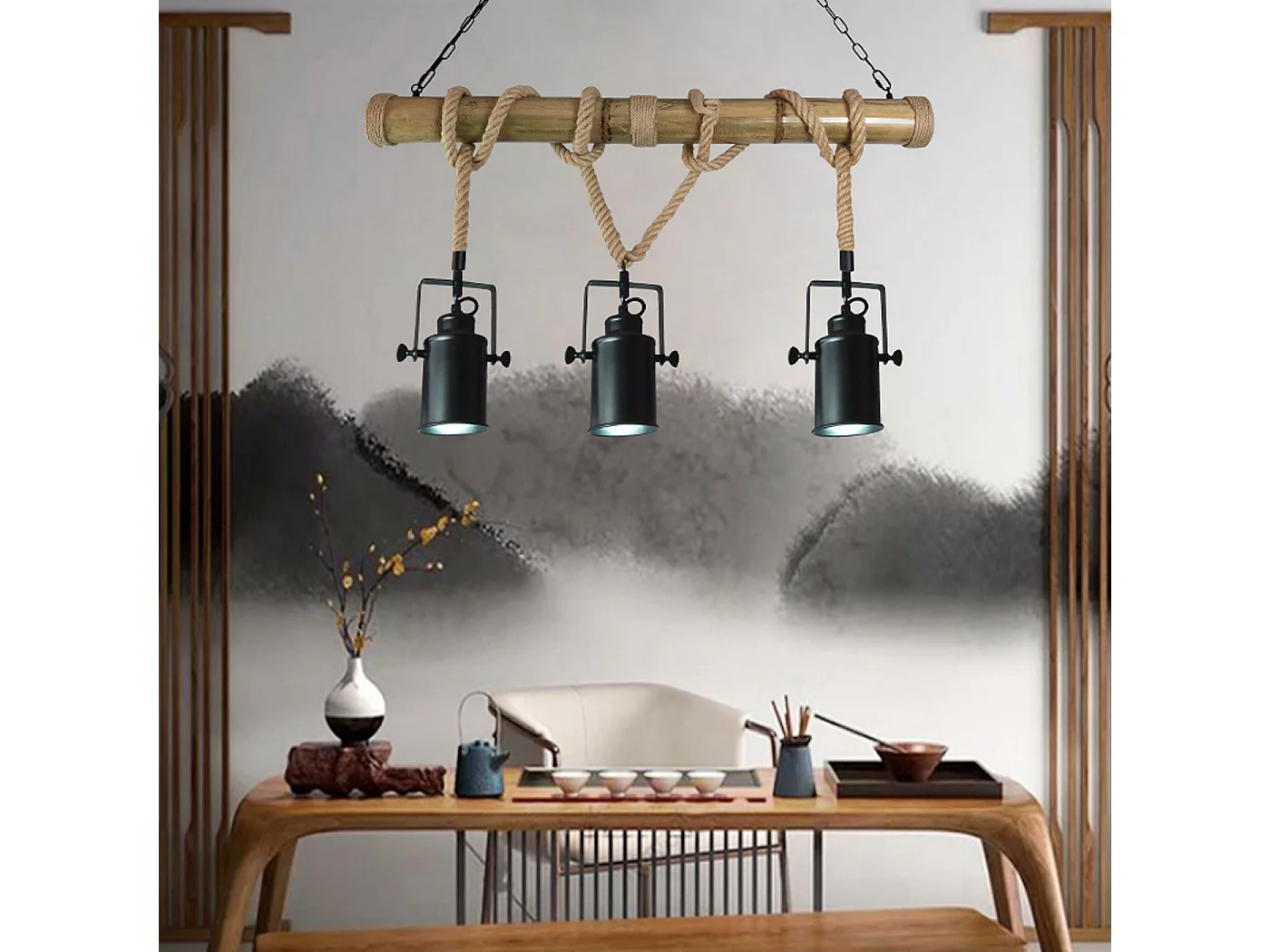 Lampe à suspension lustre corde de bambou vintage industrielle métal noir 3x abat-jour spot 04_0004047