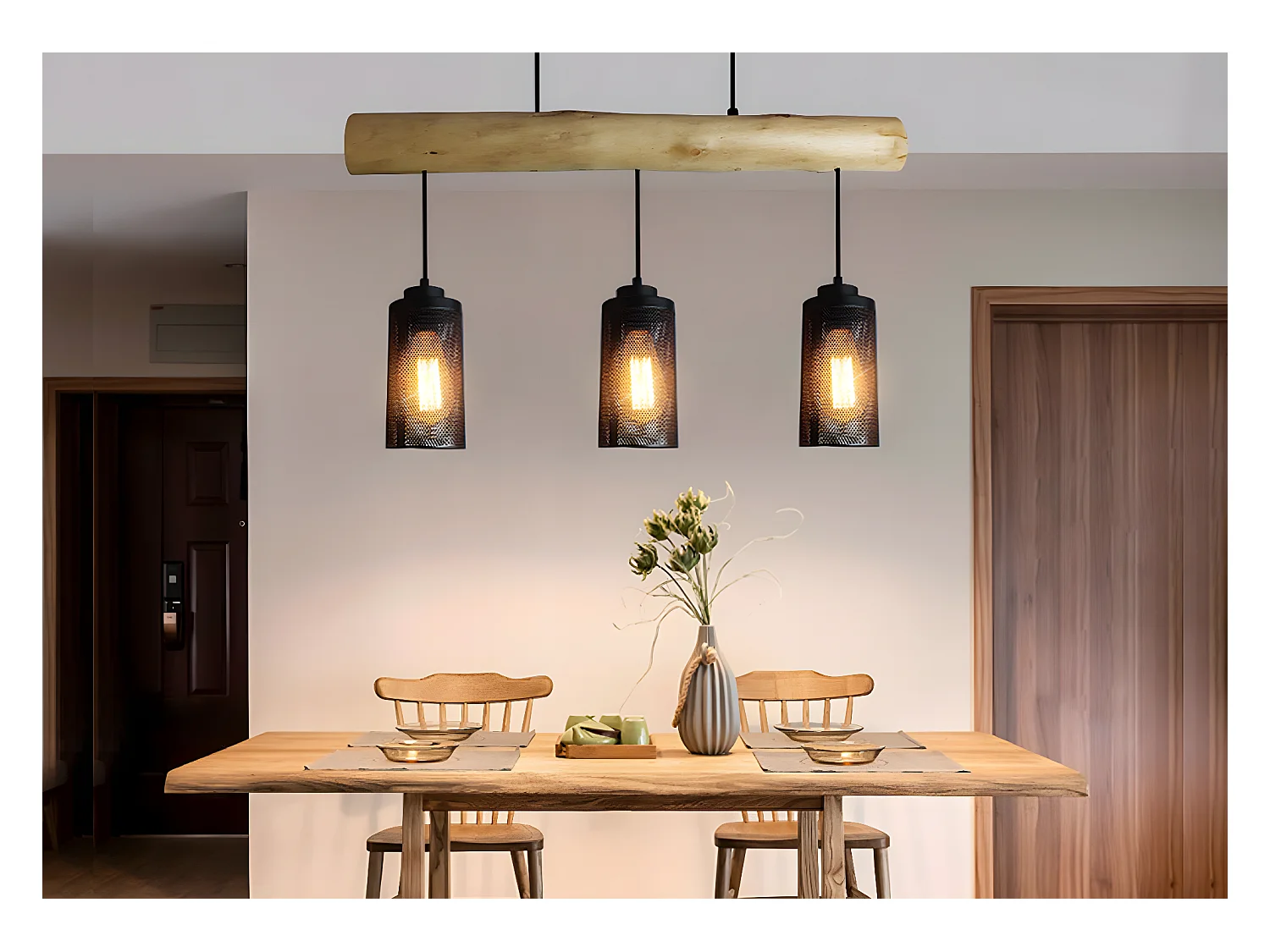 Lampe suspension suspendue design industriel en bois massif noir 3 abat-jours 04_0003602