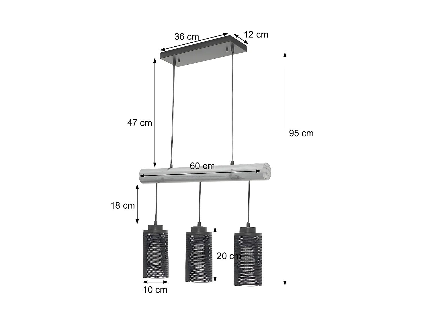 Lampe suspension suspendue design industriel en bois massif noir 3 abat-jours 04_0003602