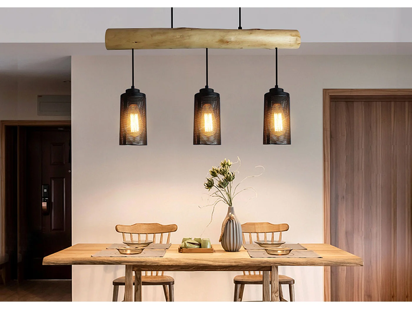 Lampe suspension suspendue design industriel en bois massif noir 3 abat-jours 04_0003602